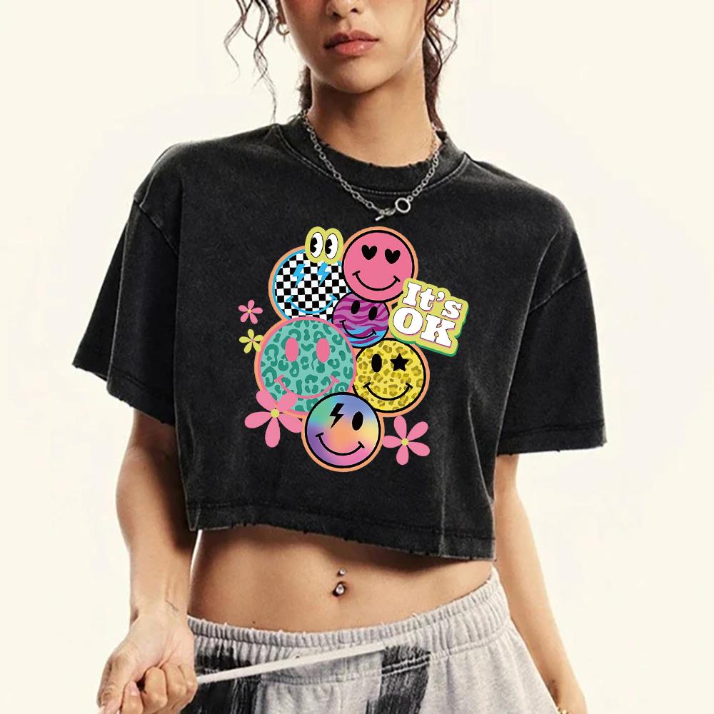 It'S Ok Happy Face Flower Print Washed Crop T-Shirt Female Fashion Cotton T Shirts Multicolor Casual Clothes Tops