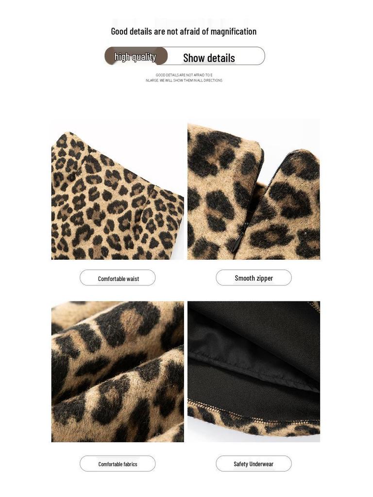 Women's High Waist Leopard Print Woolen Bodycon Skirt - Autumn/Winter 2026 Collection