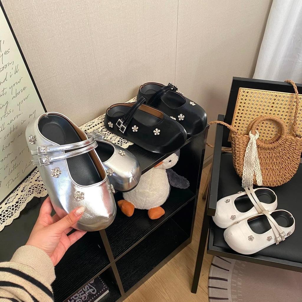 Spring 2025 new fashionable rhinestone flower bag head half drag inner height increase flat bottom round head solid color