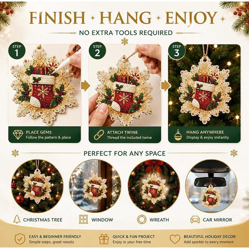 6PCS Christmas Wooden Ornaments DIY Kit Unfinished Diamond Painting Beads for Tree Hanging Holiday Home Craft Decor Supplies