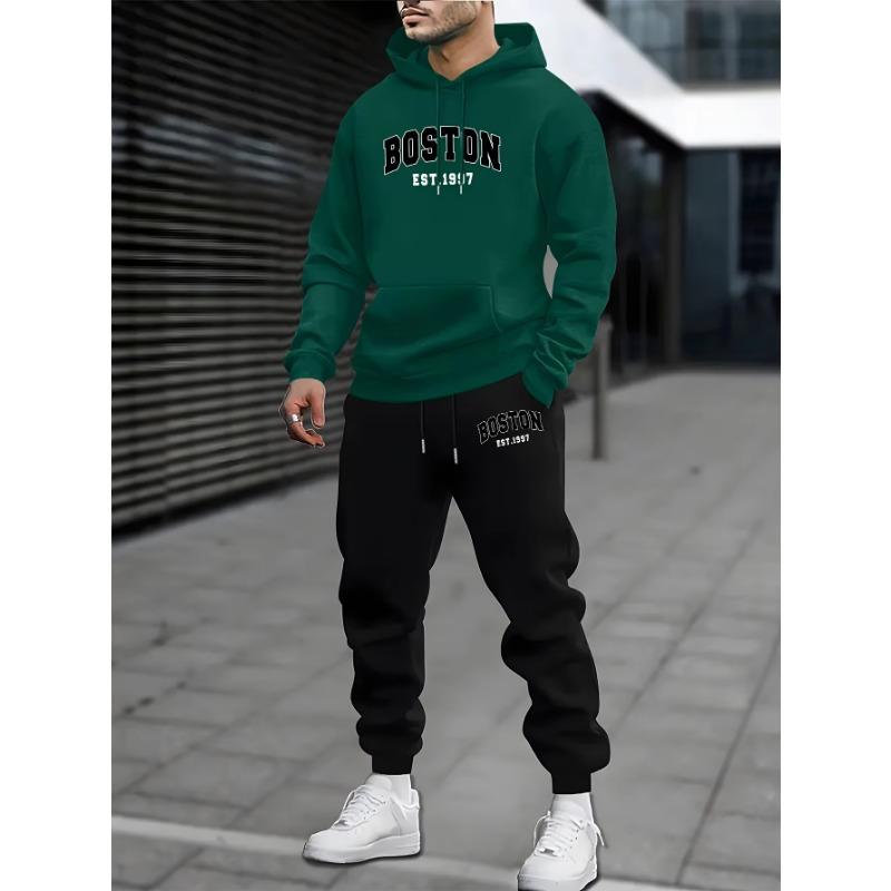 2026 Pánská tepláková souprava Boston EST.1997 s potiskem písmen, 2dílná sada, mikina + tepláky, ležérní mikina s kapucí, streetwear, sportovní souprava