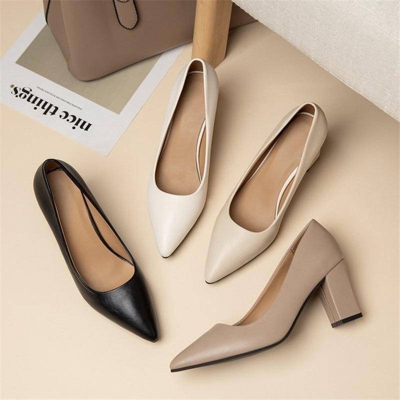 New Korean Style Black Pointed Toe Low-cut Block Heel Pumps, Slip-on Simple Professional Women's Shoes