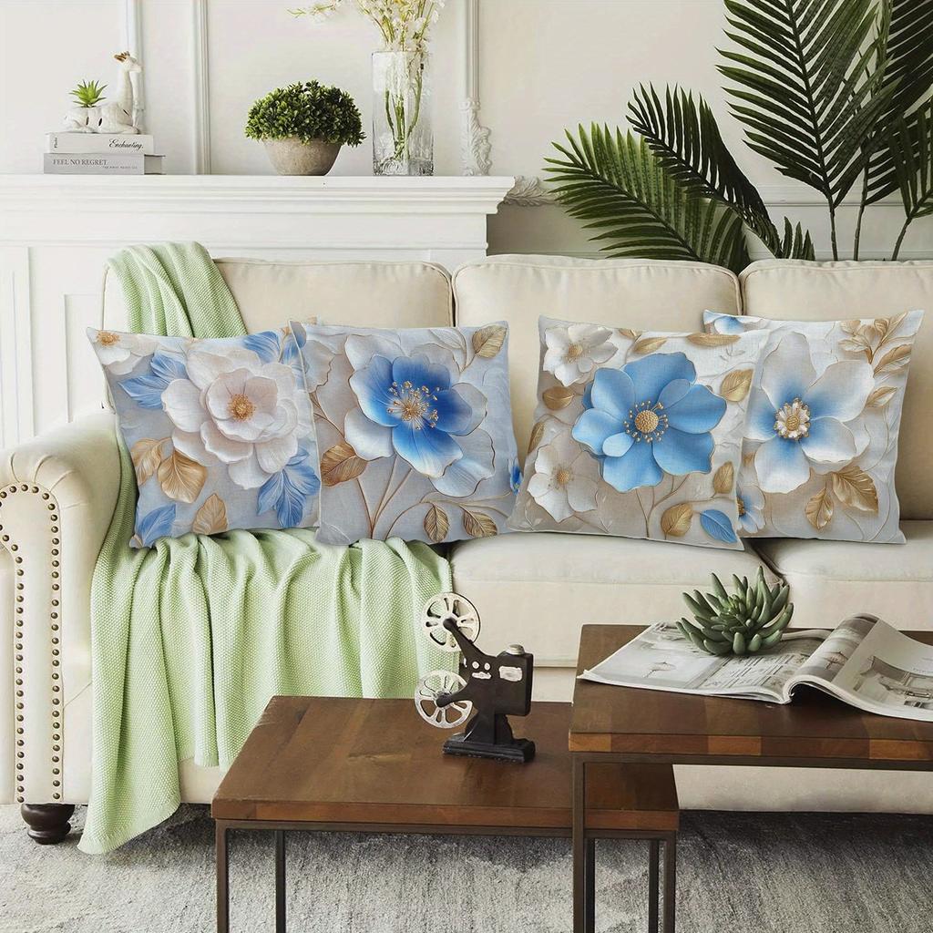 Ice Blue Flower Decorative Pillowcase, Ultra-Soft Polyester Material Living Room Sofa Backrest Car Pillowcase Home Decoration