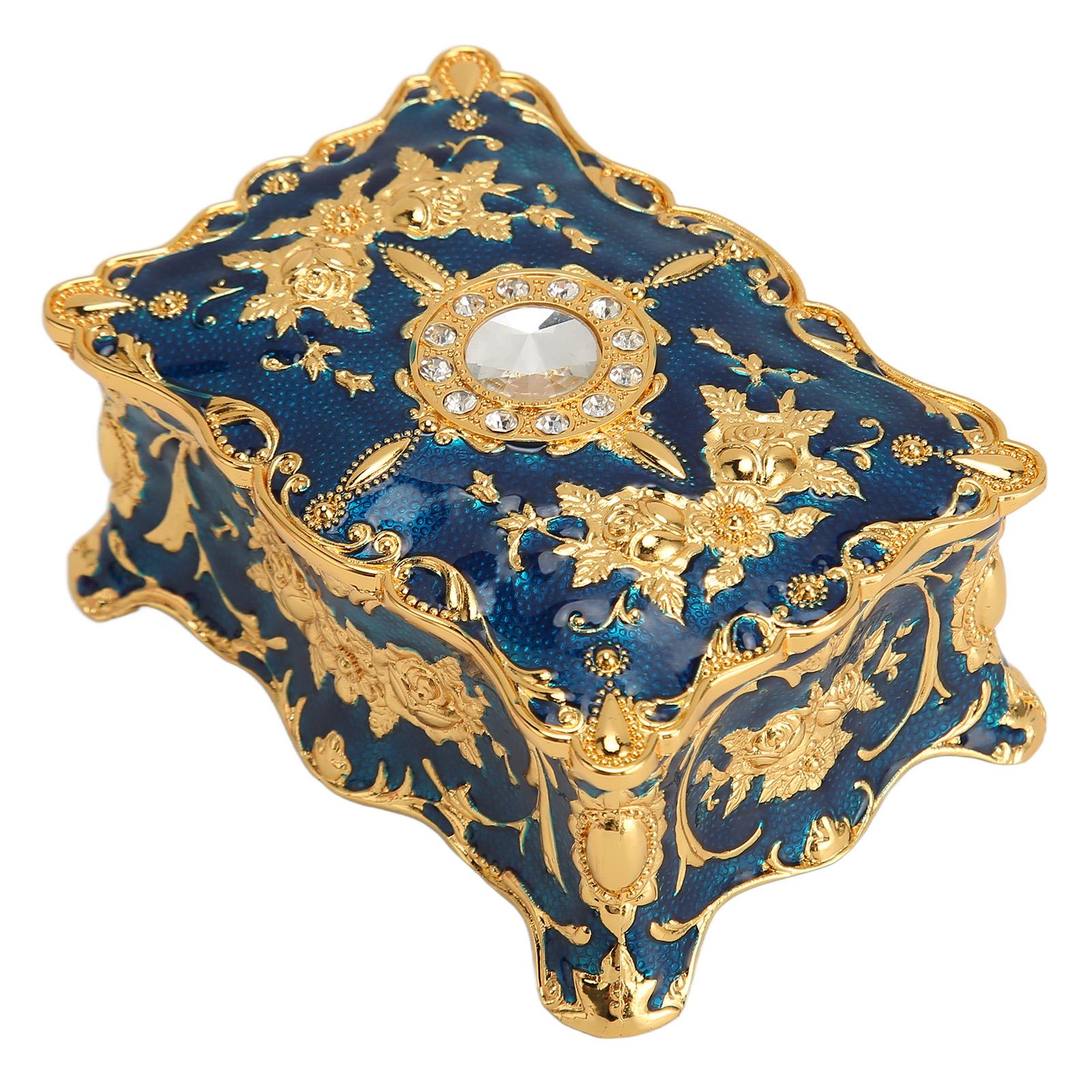 

Vintage Jewelry Box Mini European Style Antique Jewelry Box Metal Enamel Ring Necklace Earring Organizer Golden Blue