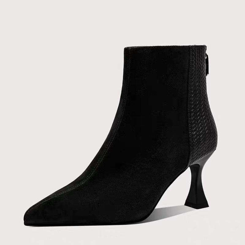 Fashion 2024 Spring and Autumn New Pointed Matte Leather Splicing Women's Rear Zipper Comfortable Bare Boots Single Boots for Women