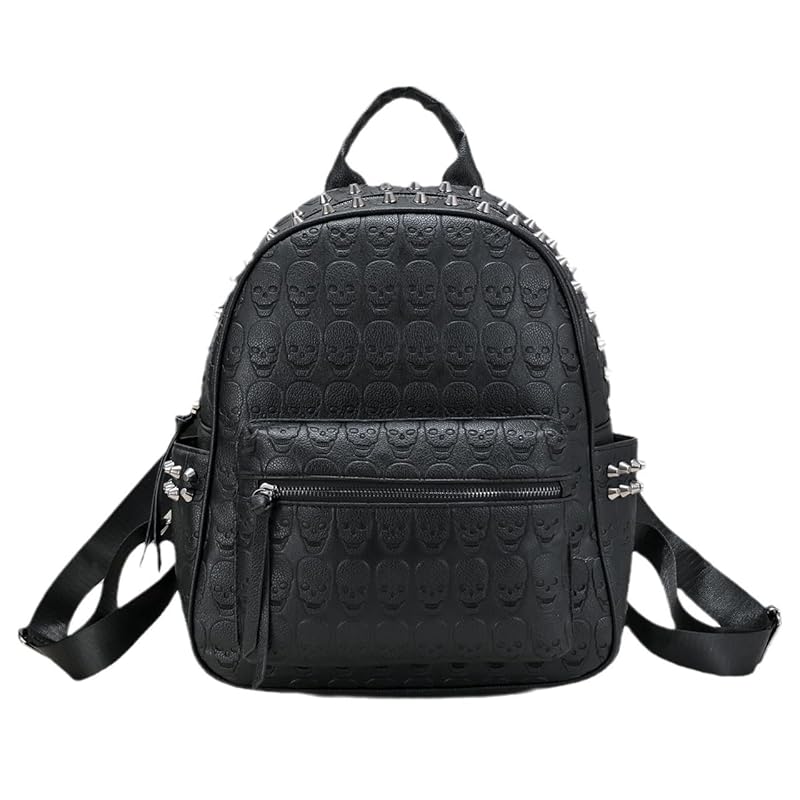 

[Queen-b] rucksack skull studs backpack casual skull skeleton skeleton Fashionable unisex men s ladies backpack PU leather black (black)