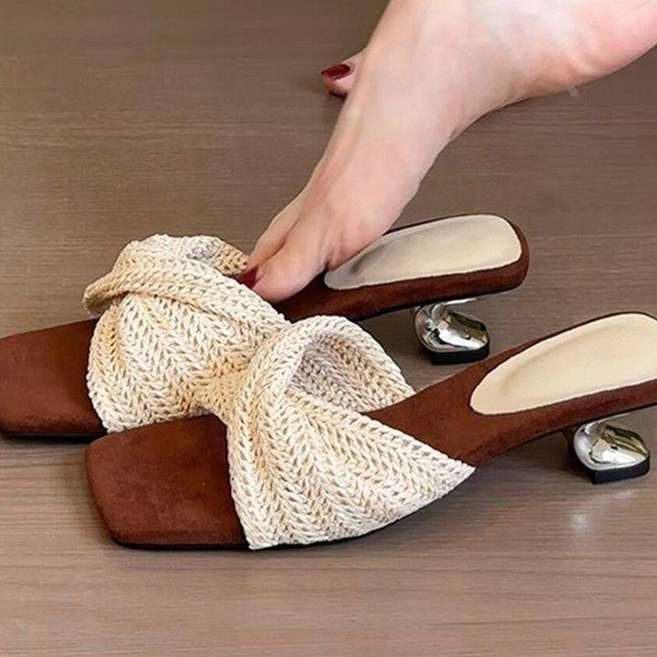 Mode nisch vävd mjuk botten romersk stil en-rem högklackade svala tofflor koreansk version mode