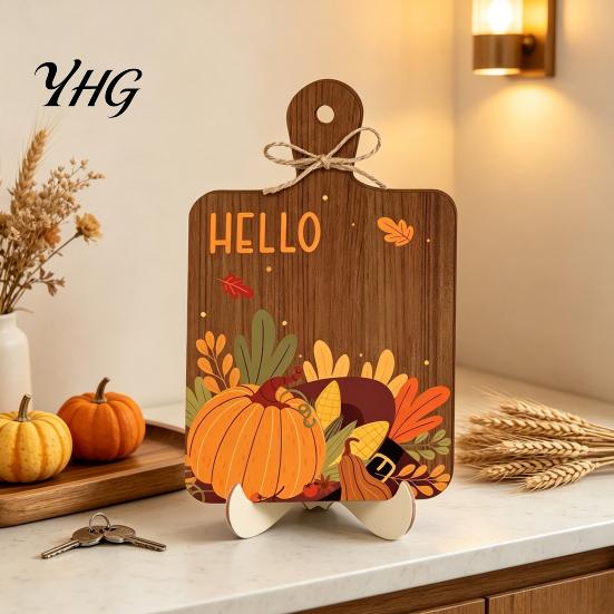 Autumn Harvest Home Decor Hello Fall Wooden Sign, Cutting Board Shape Tabletop Ornament with Thanksgiving Table Decorations Hanging Rope & Stand,