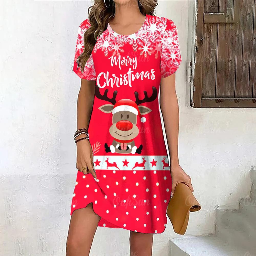 Summer Fashionable Creativity Women Loose Large Round Neck Casual Comfortable Versatile Christmas Series Animals 3D Printed Dresses