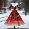 Women's Casual Dress Long-Sleeve V-Neck Patchwork Fleece Christmas Print Dress