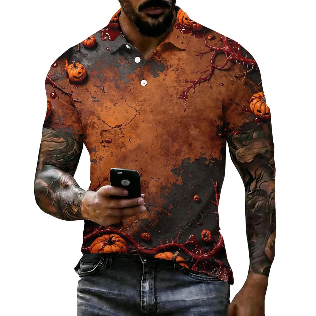 Men's Halloween Print Vintage Texture Short Sleeve Polo Shirt Loose Breathable Summer Sports Street Casual Daily Wear Top