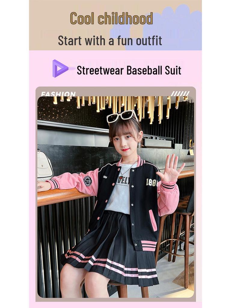 Trendy Korean-Style Baseball Uniform for Girls - 2025 Spring & Autumn Pleated Skirt, College Style for Middle & Large Children