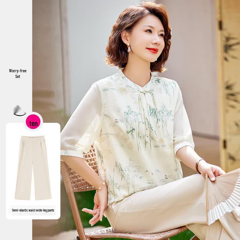 Pasite Summer New Chinese Style Floral Two-Piece Set XL