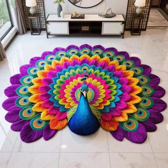 3D Peacock Pattern Plush Rug Non-Slip Backing Easy To Clean Various Sizes Living Room Rug Home Decor