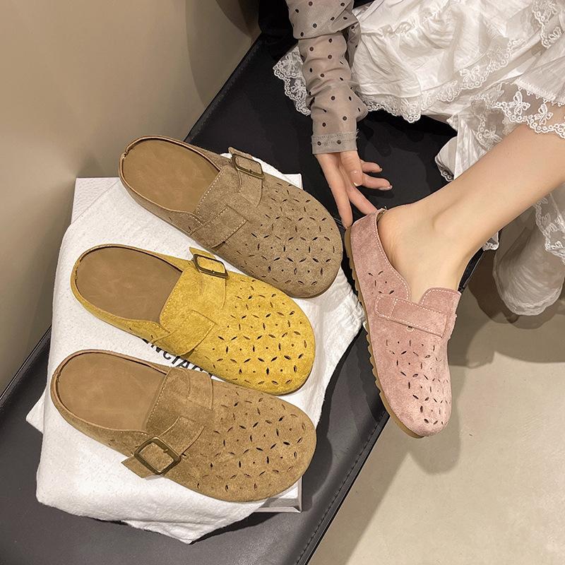 Baotou slippers women's 2025 summer new imitation cowhide hollow hole shoes trendy and comfortable flat slippers