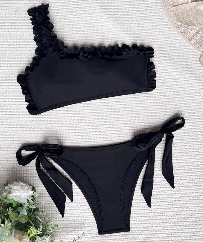 Dámské plavky jednobarevné krajka na jednom rameni Sexy bikiny tanga se zavazováním Brazilské plavky na pláž