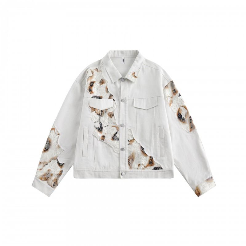 Mens Floral Lace Splicing Denim Jacket Loose Fit Casual Outerwear