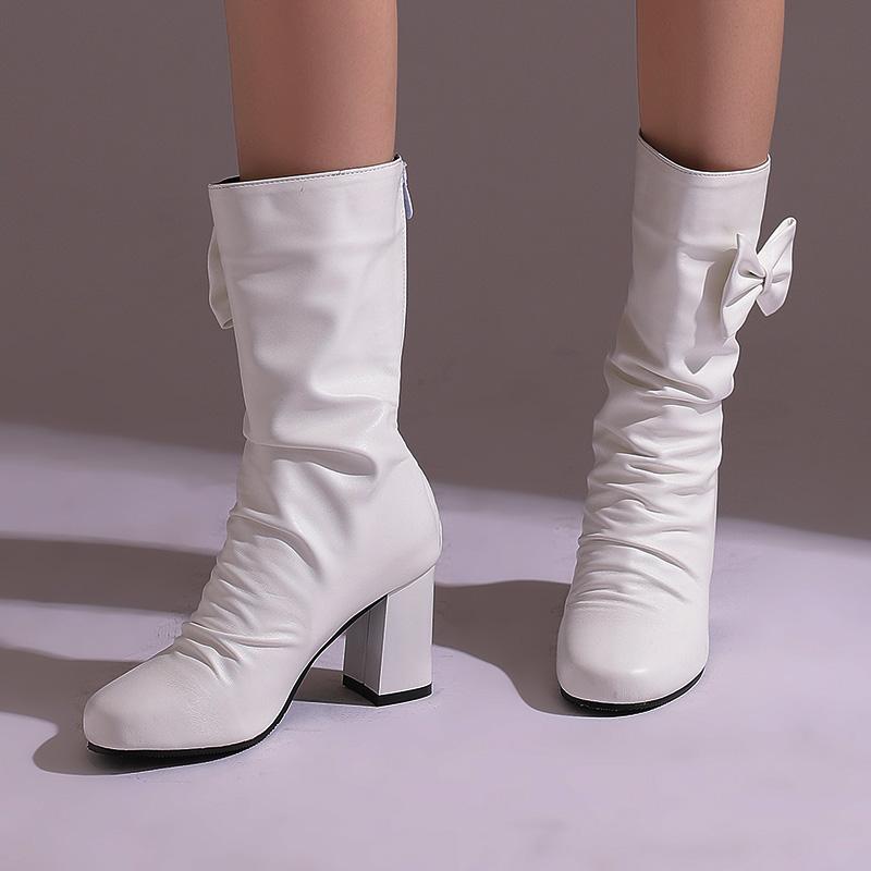Women's High-heeled Boots Autumn and Winter New Thick-heeled Solid-color Large-size Medium Boots