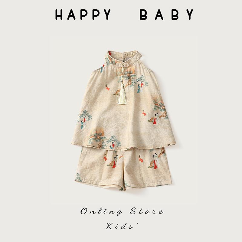 Girls Summer New Chinese Sleeveless Button Two Piece Set Ancient Kids Clothing 90