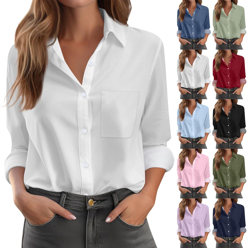 Dameskjorte Bluse Trykk Knapp Langermet Casual Basic Skjortekrage Vanlig Topp Med Lommer