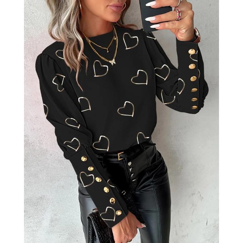 Autumn and Fashionable Printed Long Sleeved Love Style Round Neck Button Up Blouse Shirt for Women