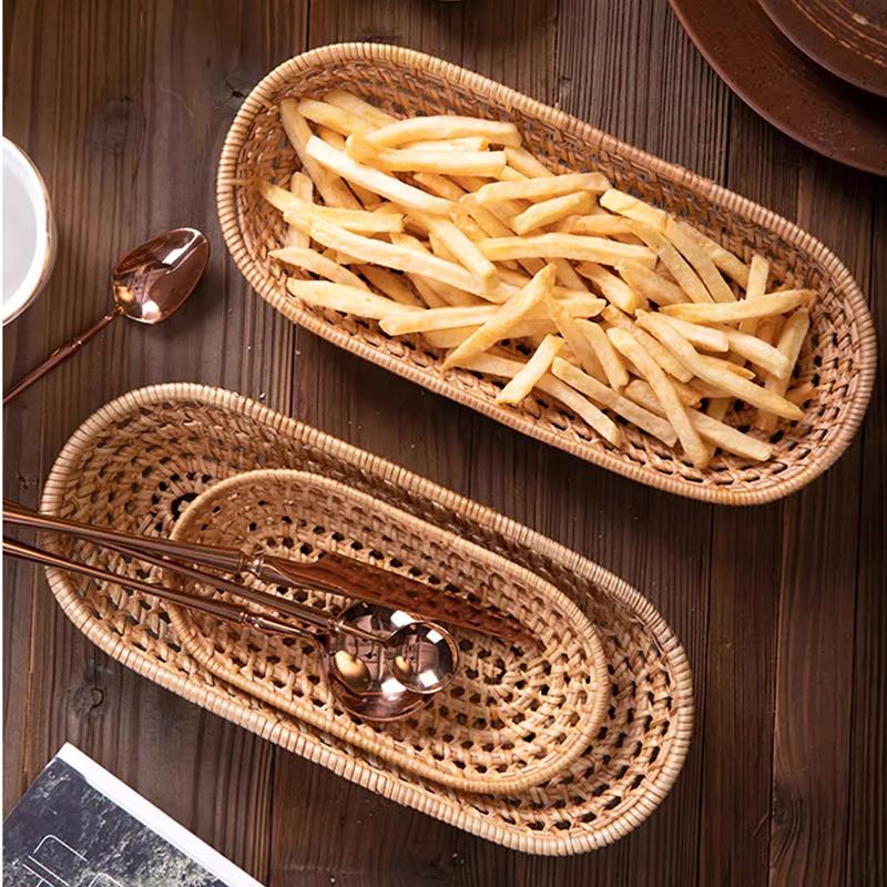 Handgeflochtener Ovaler Aufbewahrungskorb aus Rattan, Organizer-Tablett für Küchenzubehör, Picknick-Lebensmittel, Obst, Snacks, Brot, Besteckkorb