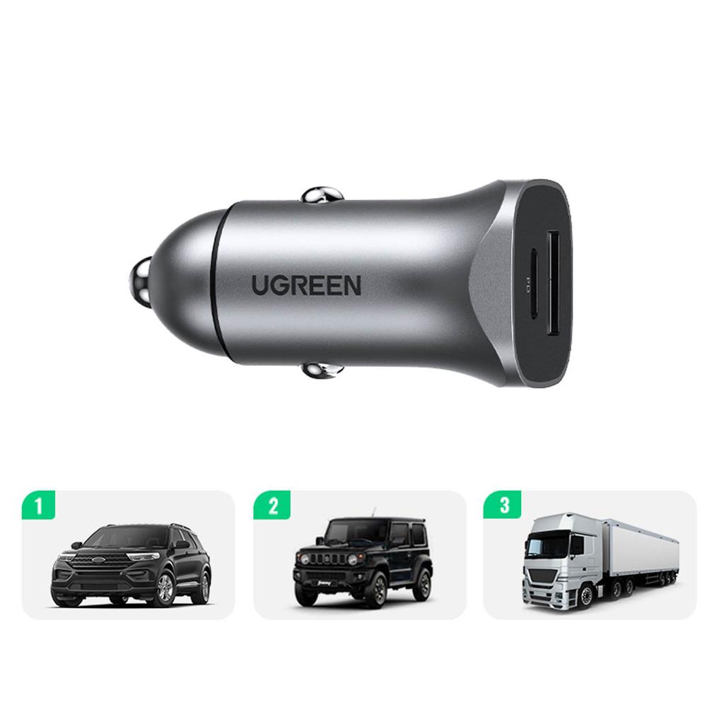 Ugreen Dual Port 30W Car Charger with USB-A/USB-C - PD PPS Certified - Metallic Gray (Model CD130)