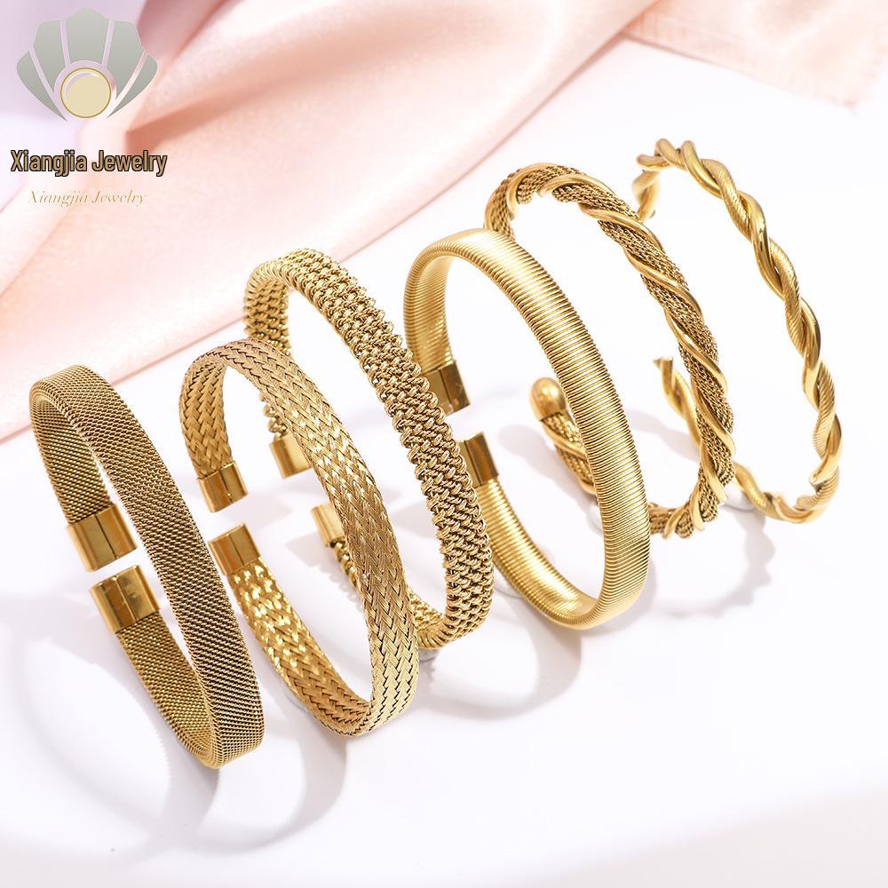 European & American Luxury Woven Titanium Steel Bangle with Gold Electroplating - Simple Fashion Open Design