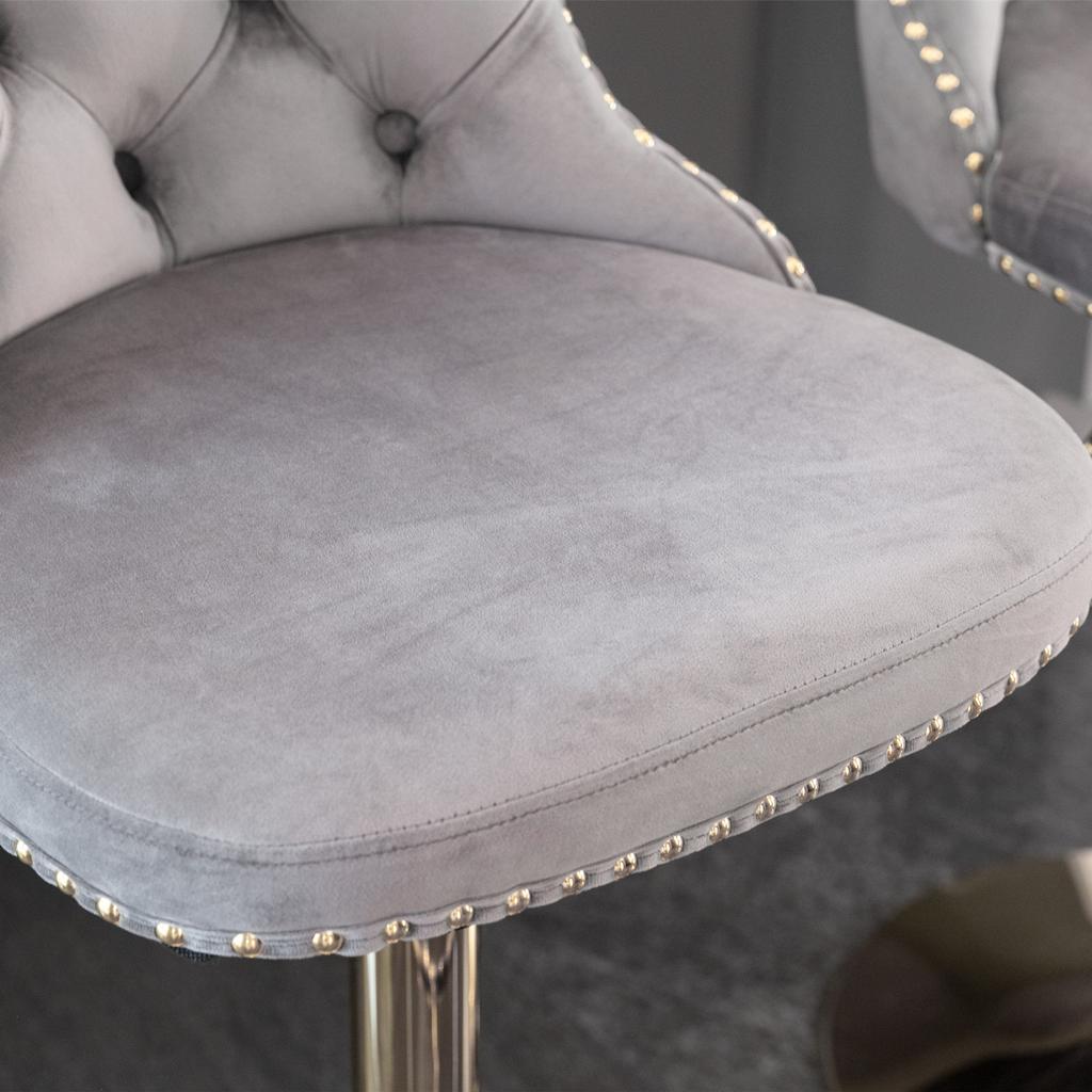 Velvet Swivel Bar Stools, Height 25-33 Inches, Tufted Button Back, Gold Nailhead Trim, Gold Base, for Kitchen Island Home Pub Cafe, Gray, DE1912GY