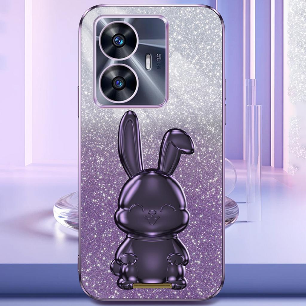 Phone Cover for Realme C55 Cartoon Rabbit Electroplating PC+TPU Case with Kickstand