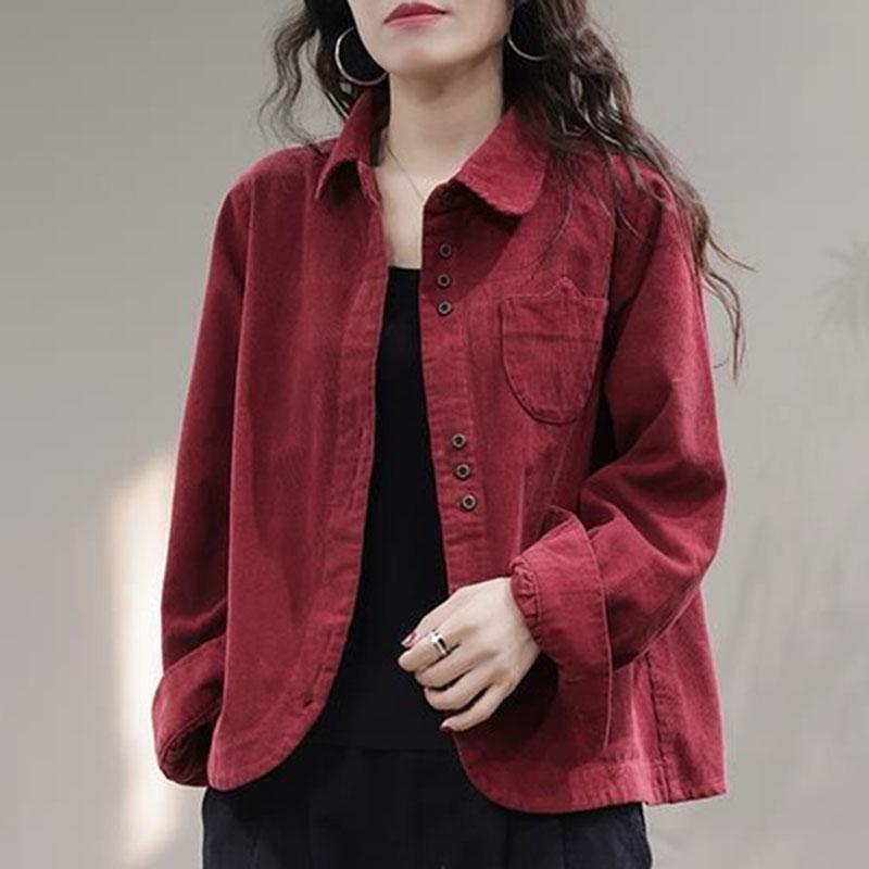 Women Lapel Collar Corduroy Shirt Coat Spring And Autumn Female Long Sleeved Cardigan Blouse Jacket Korean Ladies Blaus Top