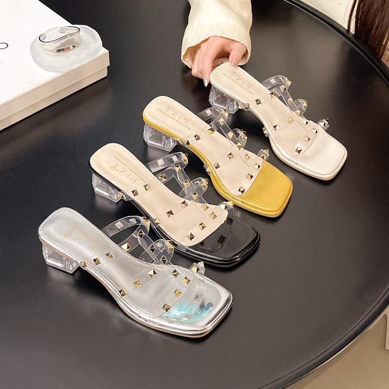 Fashion Hot Selling Shoes Woman's Slippers Transparent Heel Slides Fashion Med 2025 Luxury Summer Square heel Slipper Casual Shoe Woman