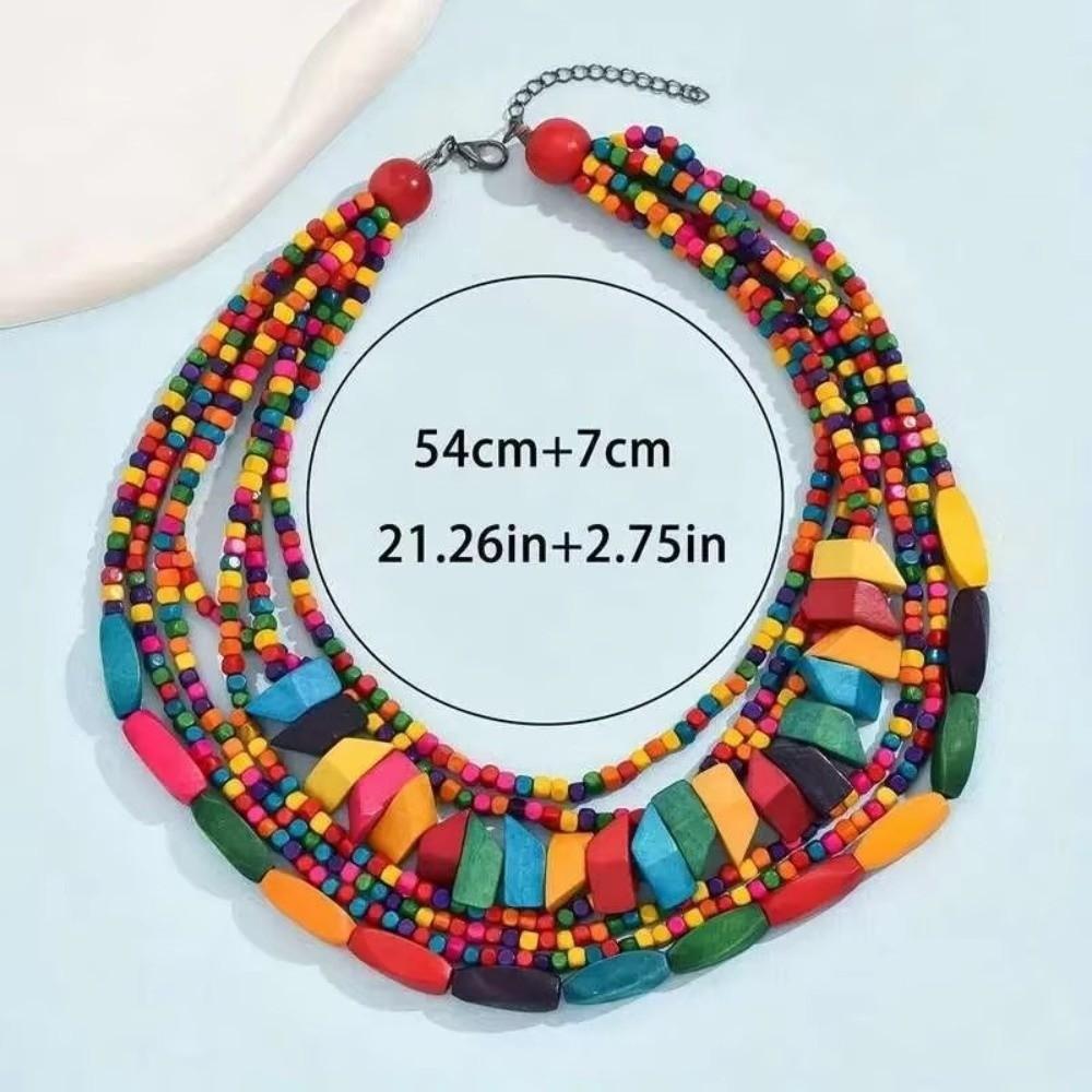 Multi-Layer Wooden Beaded Necklace Colorful Irregular Bohemian Party Jewelry for Women