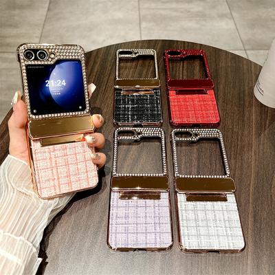 For Samsung Galaxy Z Flip6 Flip5 Flip4 Flip3 Phone Cover Plating Diamond Frame PC Hybrid Check Pattern Fabrics Shockproof 3pcs Folding Case