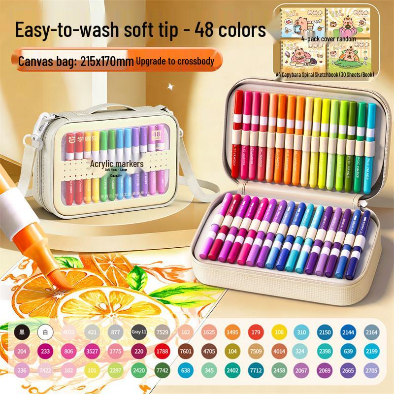 Large Capacity Washable Acrylic Marker Set with Soft Tip and Paint Brushes for Kids' Art Class