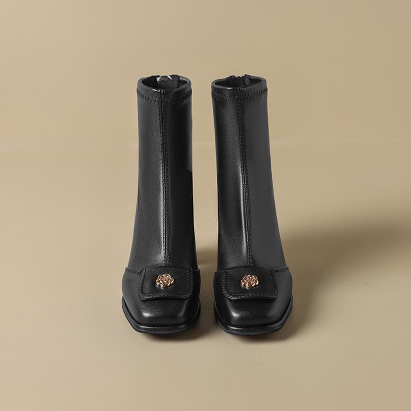 

French square camellia thick heel short boots women s retro brown high heel temperament elastic thin boots fashion Martin boots 42