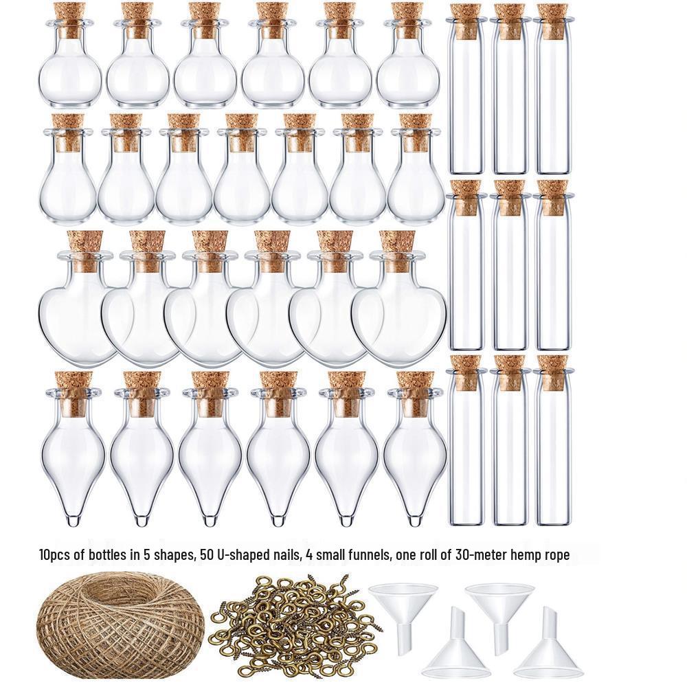 50 Mini Glass Wish Bottles with Corks, Funnel, and Hemp Rope for Decoration