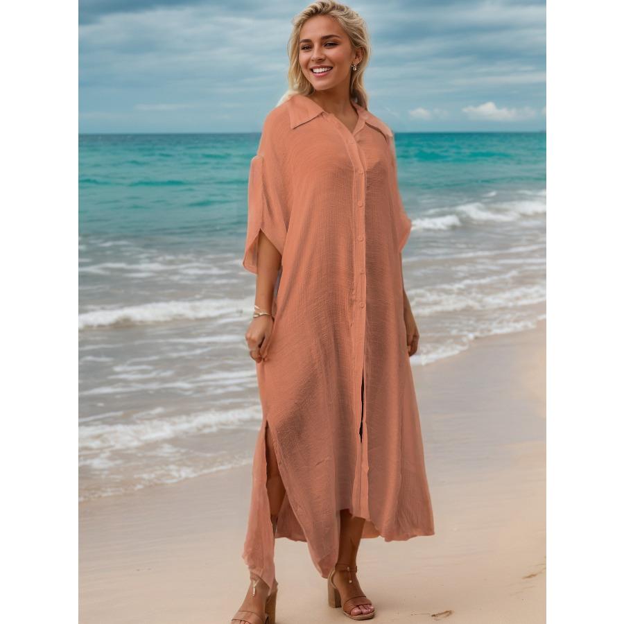 Women's Solid Color Beach Cover Up Loose Long Button Down Shirt Dress, Open Front Vacation Robe 0994 KTY