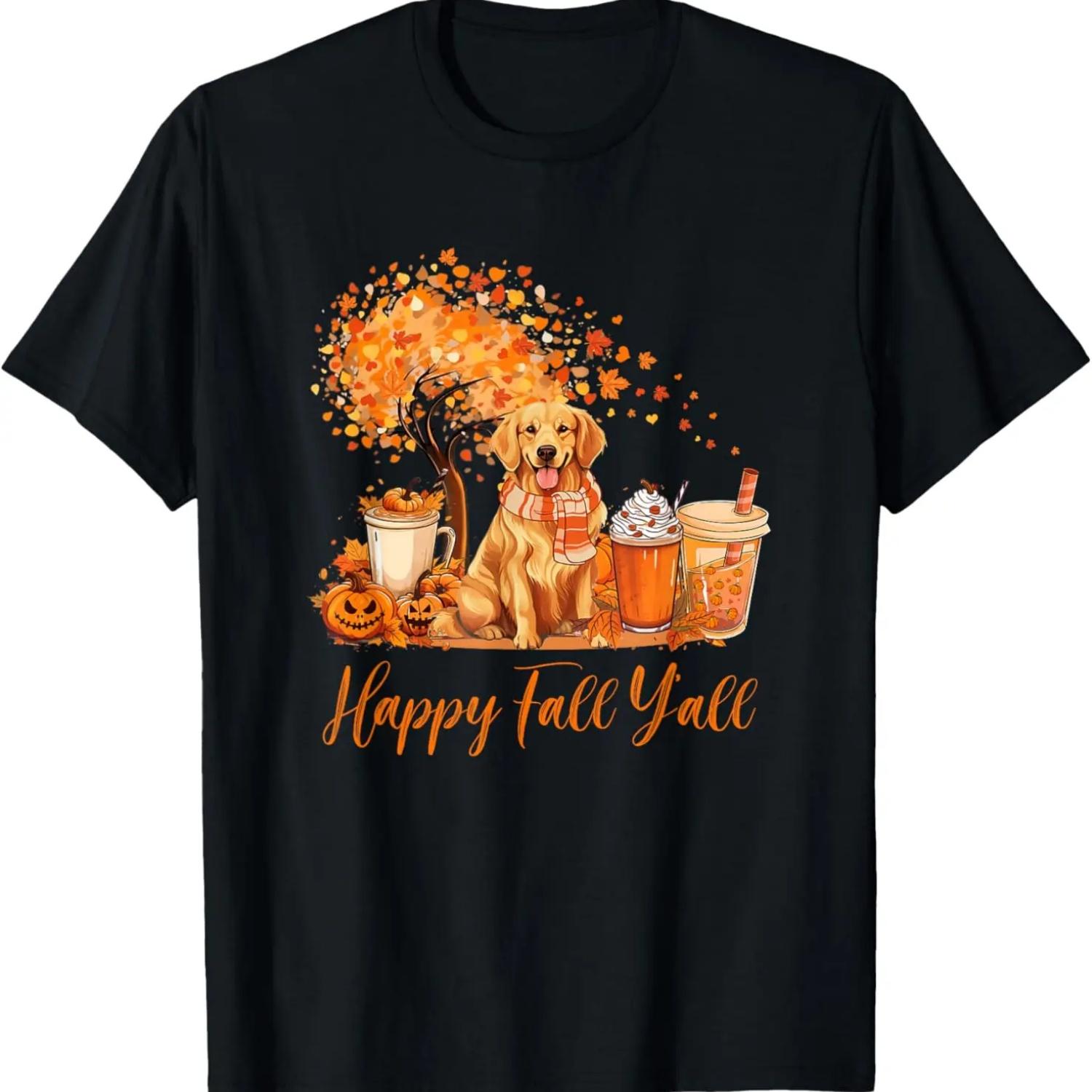Happy Fall Y all Golden Retriever Autumn Pumpkin Spice Latte T-Shirt S
