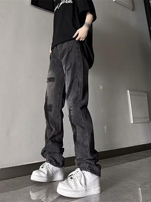 Women's Vintage Washed Ripped Flare Jeans - Loose Straight Leg Summer Pants