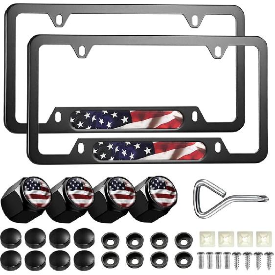 American Flag License Plate Frame Holder - 2 Pack Universal Aluminum Matte Stripe US Flag Gloss Patriotic Car Plate Frame Covers With Free Screws