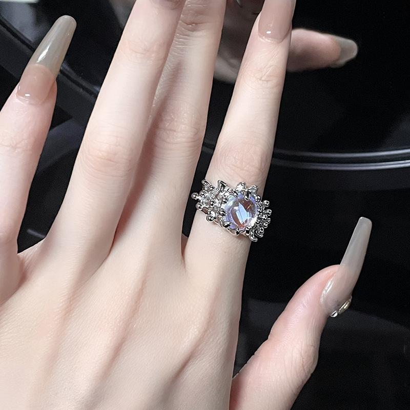 Moonstone Love Heart Irregular French Liquid High Sense Open Ring Female Personality Gemstone Texture Ring