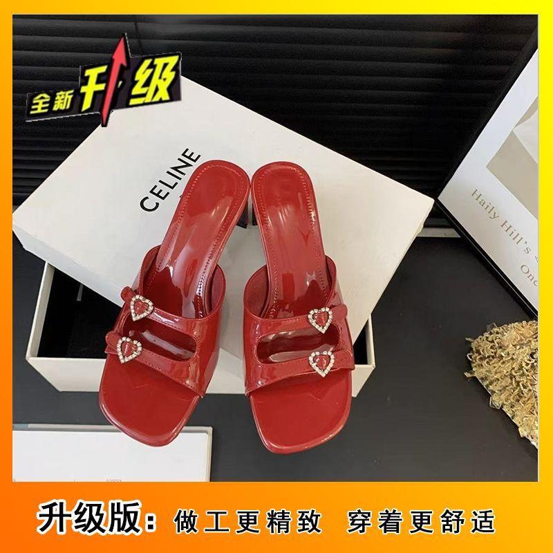 Rhinestone Love Square Head One-word High-heeled Slippers Fairy Open-toed High-heeled Shoes Temperament Thick-heeled Sandals 2025 Summer
