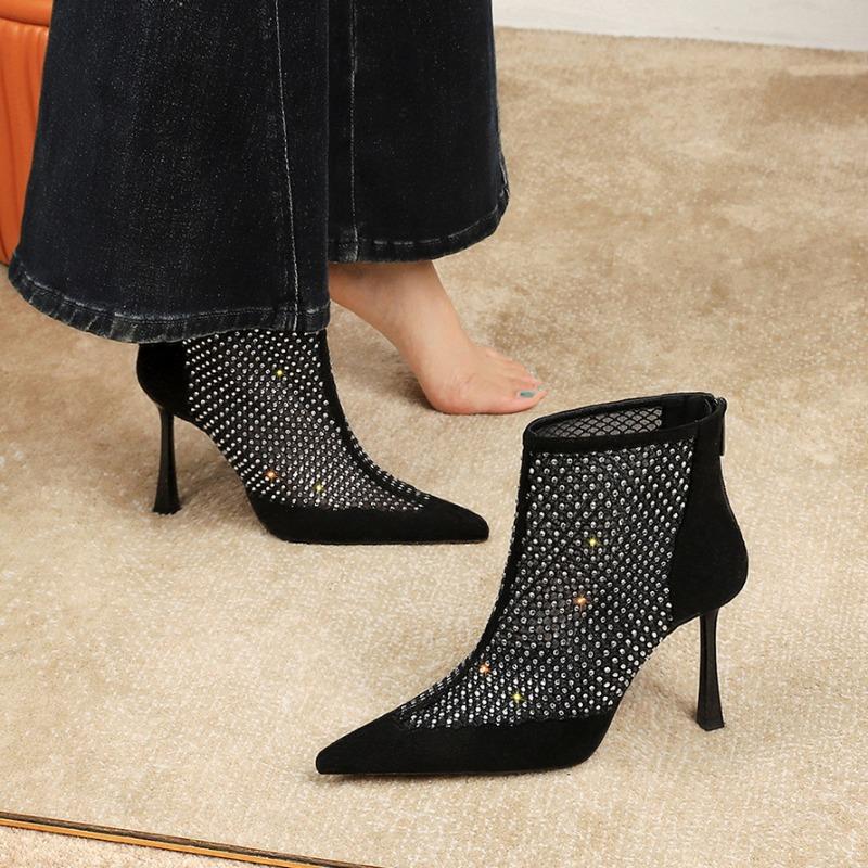 Women'S High Heel Short Boots Women'S Suede Splicing Mesh Rhinestone Rear Women'S Shoes Fashion Fine Heel Pointed Single Boots