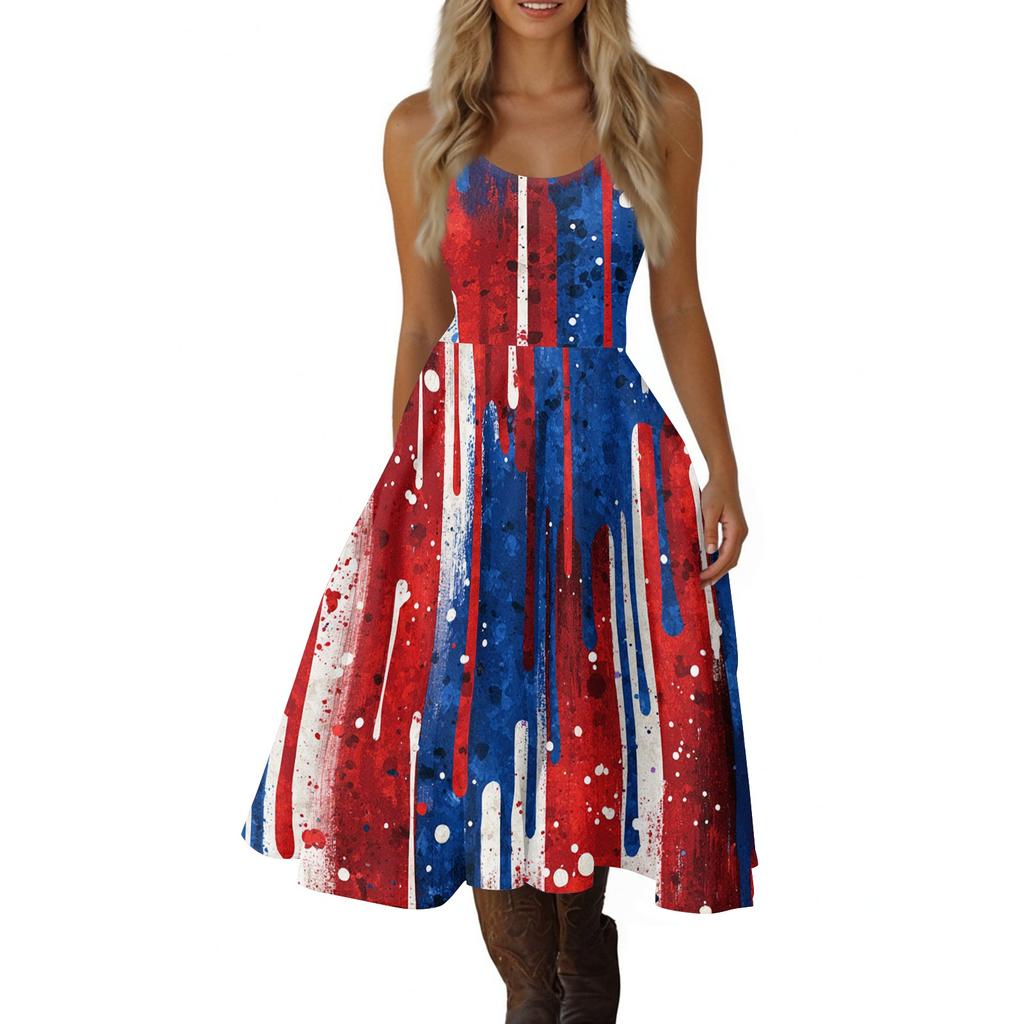 Women Sleeveless Vintage Swing Dress with Star and Firework Print Classic Midi Length Summer Sundress