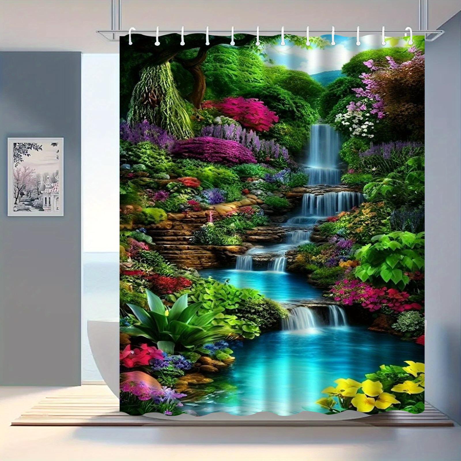 

Beautiful Garden Waterfall Shower Curtain Floral Landscape Nature Art Greenery Decor Waterproof Fabric Bath Curtain Set Home 90x180CM