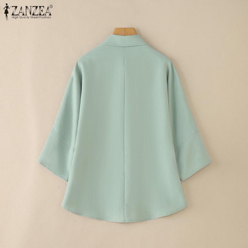 ZANZEA Women Turn Down Collar 3/4 Sleeve Loose Embroidery Blouse