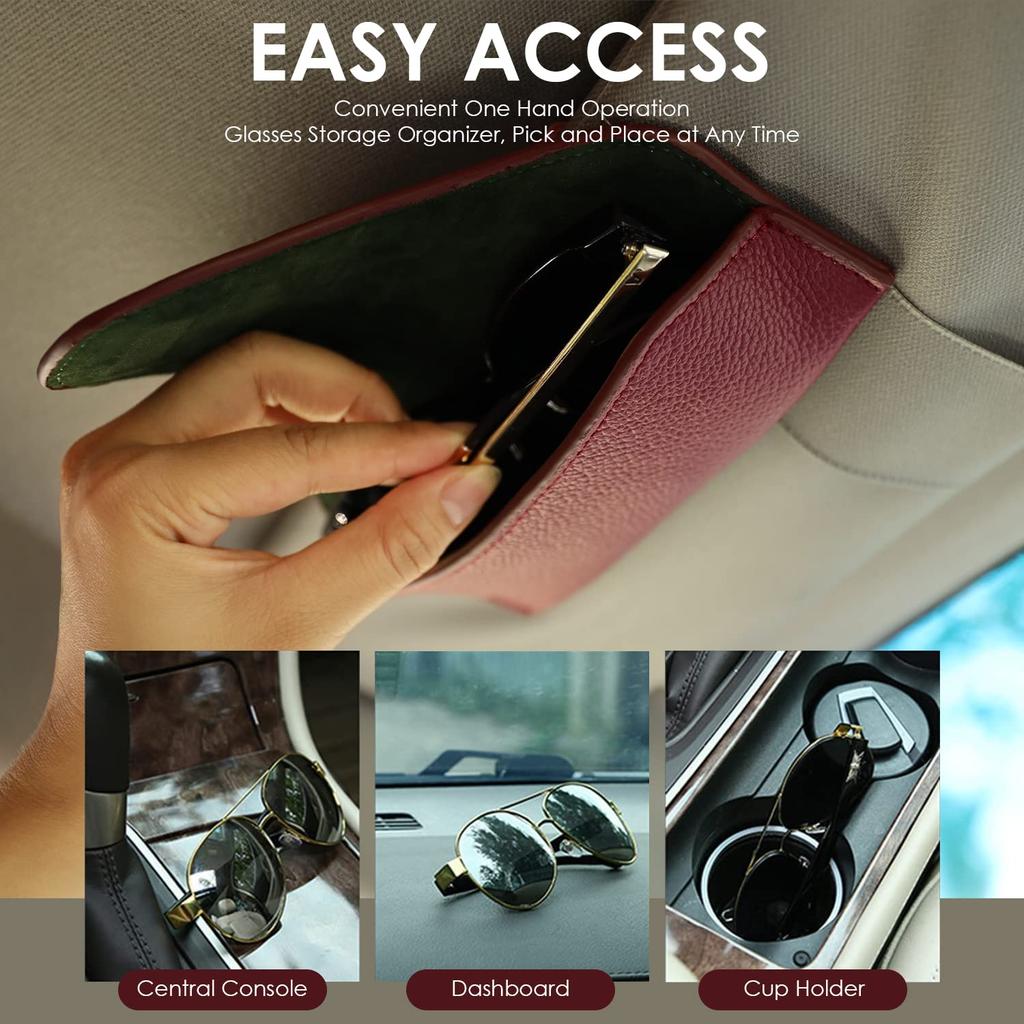 Car Visor Sunglasses Leather Car Glasses Holder Visor Accessory Glasses Holder Glasses Storage Box Holder, Clip, (Red)