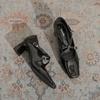 Cross-buckle Spring New Mary Jane Women's Shoes Square Head Retro Silver Thick Heel Light Mouth Versatile Single Shoes