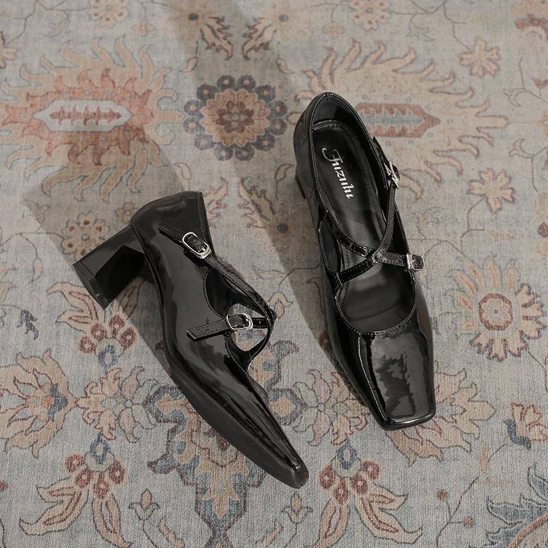 Cross-buckle Spring New Mary Jane Women's Shoes Square Head Retro Silver Thick Heel Light Mouth Versatile Single Shoes
